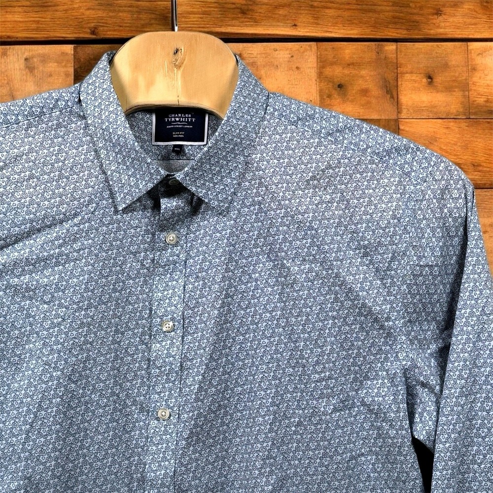 Charles Tyrwhitt Men 2XL Blue Floral‎ Button Up Slim Fit Dress Shirt